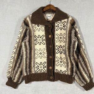 Vintage Girasol Cowichan Womens Medium Brown Cream Wool Sweater Cardigan Artisan